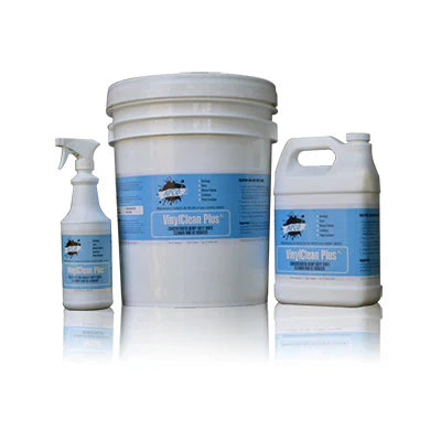 Spray bottle, gallon jug, and large bucket of Vinyl Clean Plus arranged side by side.