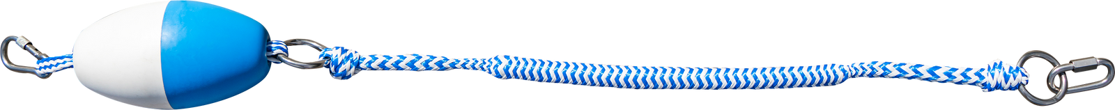 Blue and white mooring line with buoy and metal clips on both ends.
