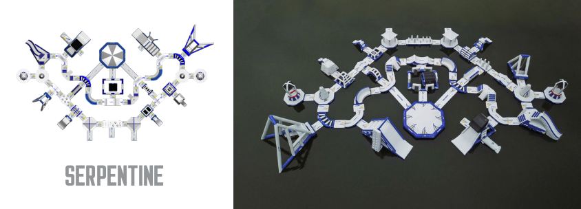 Serpentine floating water park with interconnected white and blue inflatable structures.