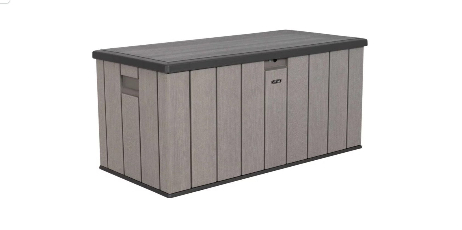 Large weather-resistant deck storage container with hinged black top.