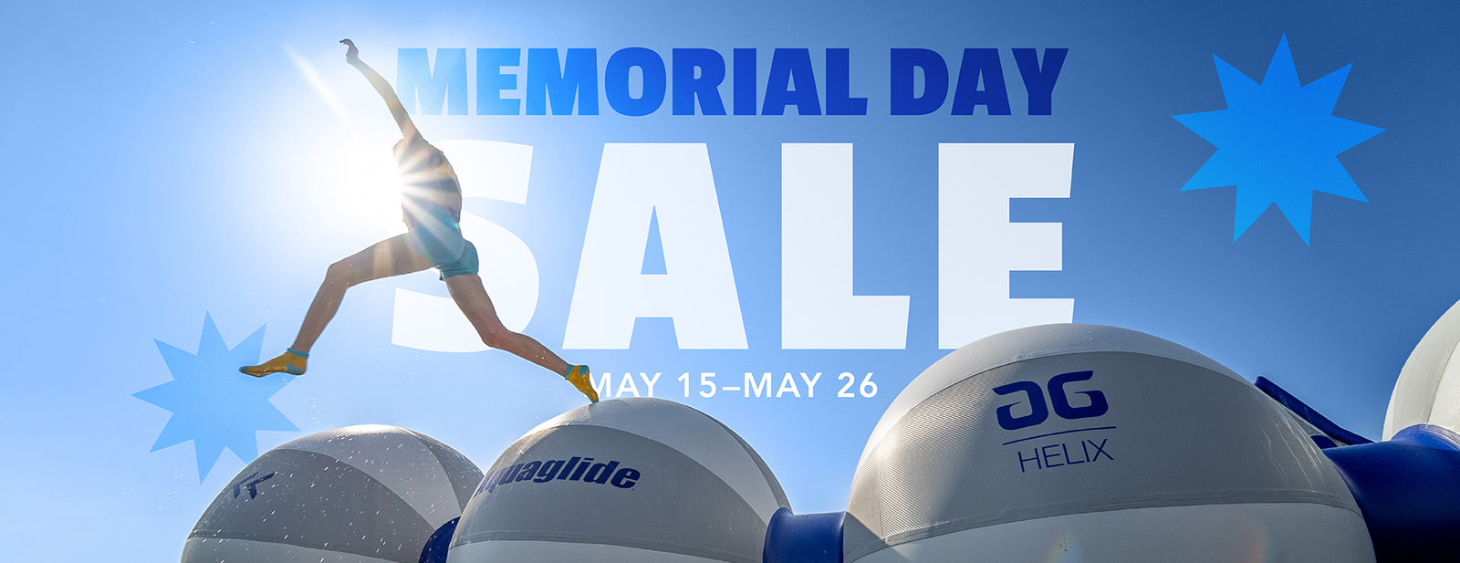 Memorial Day Sale graphic with a person jumping across inflatable water park features.