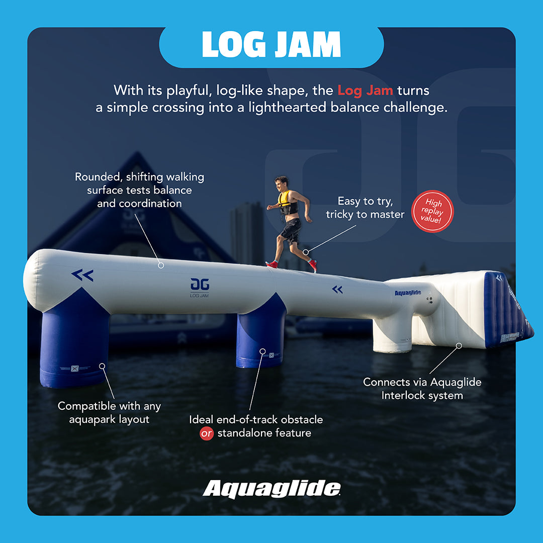 Inflatable Log Jam obstacle with text describing its features, set against a blue background.