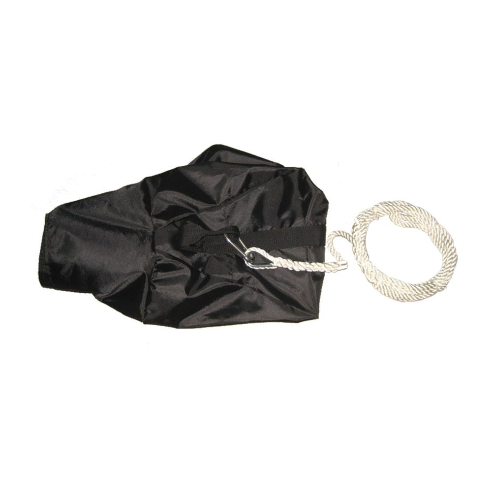 Anchor Bag Set with line, includes a black drag parachute, white rope, and metal clip.
