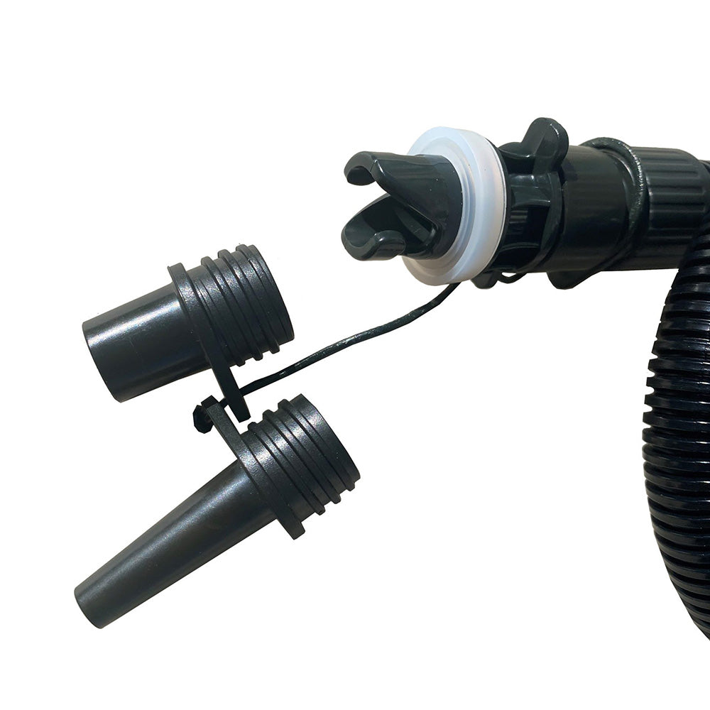 Accelerator HP 12v Pump 20 with two nozzle adapters for SUPs and kayaks.