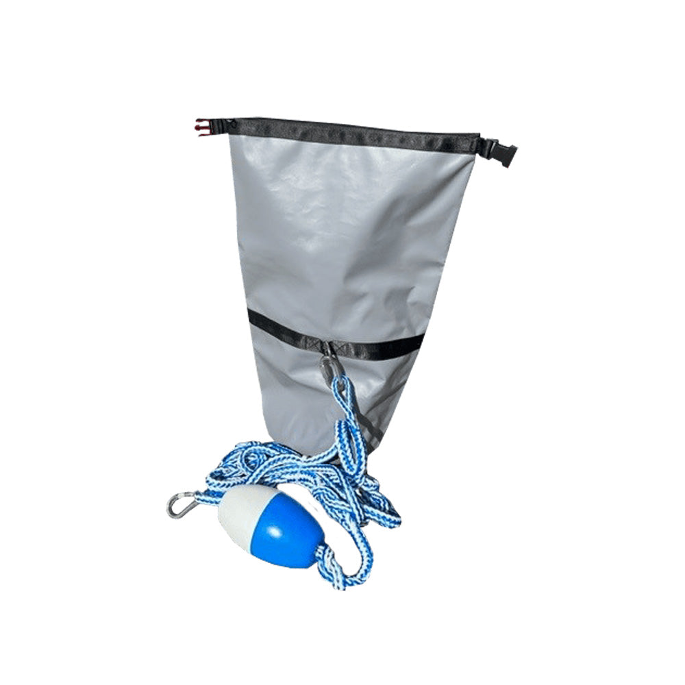Gray Anchor Bag Complete with a blue and white float attached by a rope.