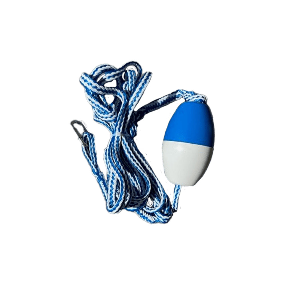 Blue and white buoy with heavy-duty Lakefront Anchor Line attached.