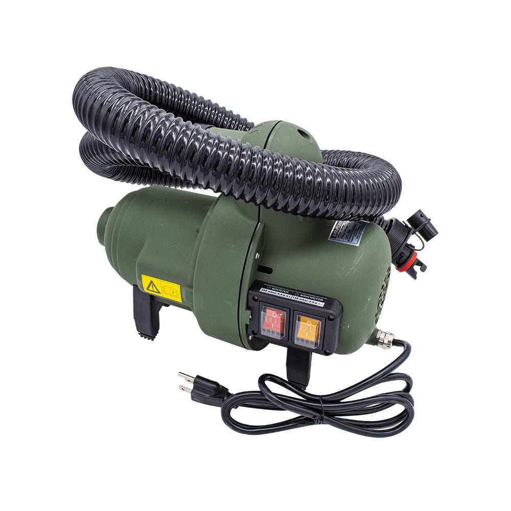 Green, portable Aquapark Pump 110v 7.3 with twin motors and hose for Aquapark systems.