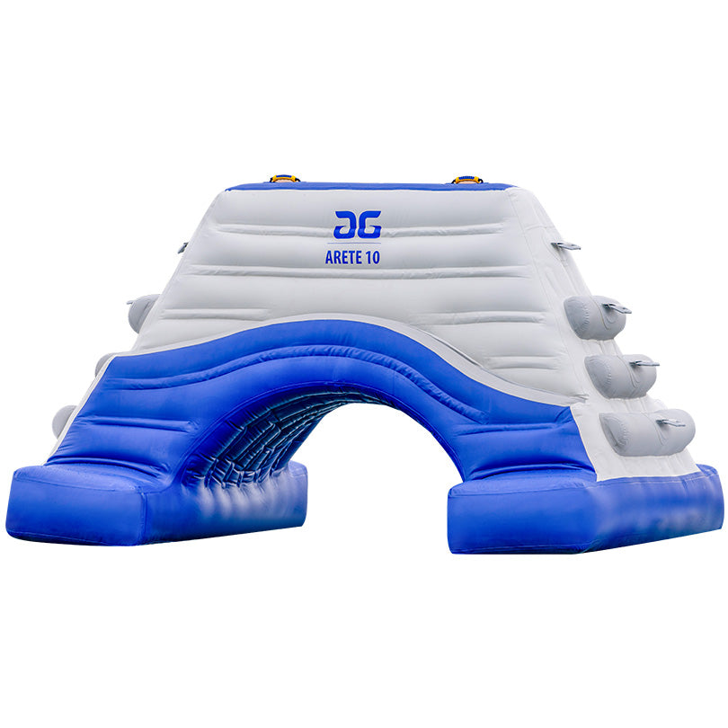 Arete 10: Blue/white inflatable with steps, central arch for aquapark fun.