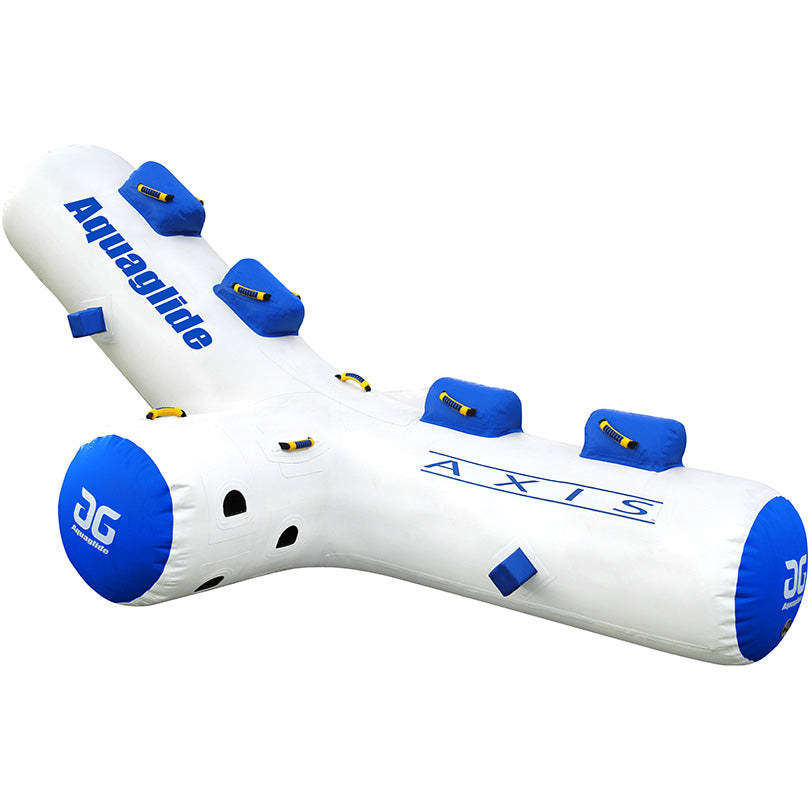White inflatable water toy with blue accents and handles labeled Axis Rocker by Aquaglide.