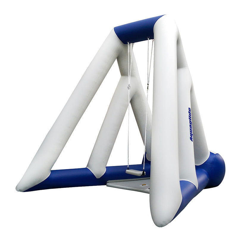 Catapult: Blue/white trapeze-style inflatable swing set with suspended seat.