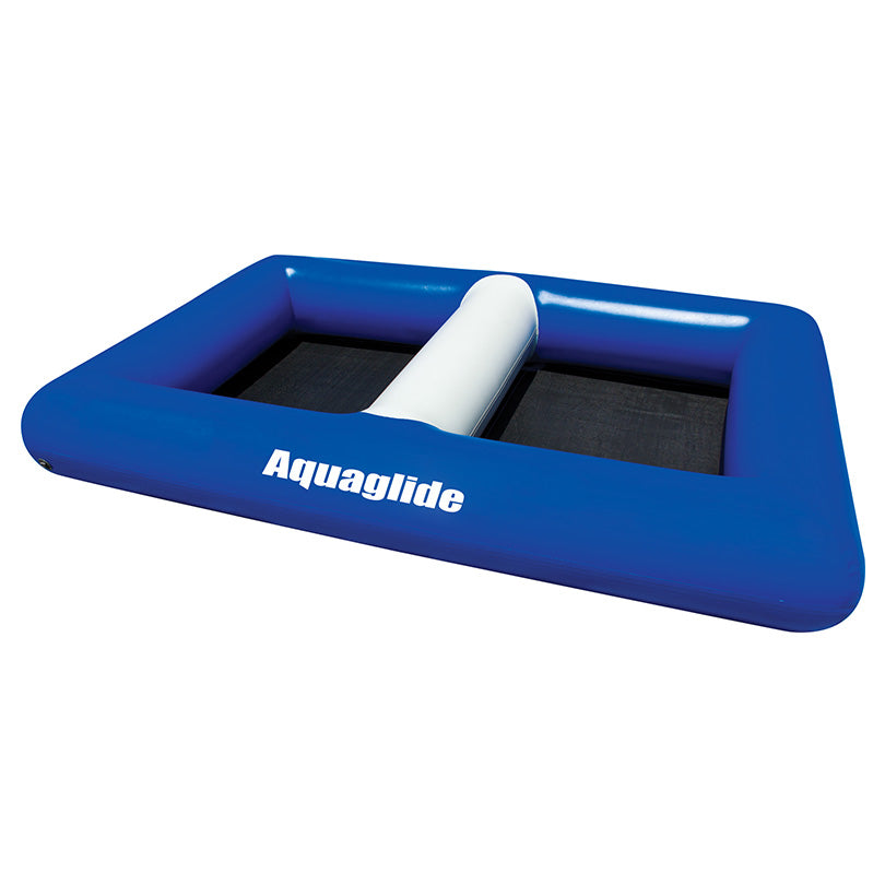 The Delta 10 is a blue and white inflatable water toy with Aquaglide and a D-Ring Interloc system.
