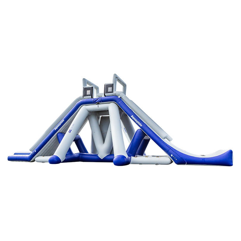 El Jefe: Blue/gray inflatable water slide with multiple slides and climbing areas.