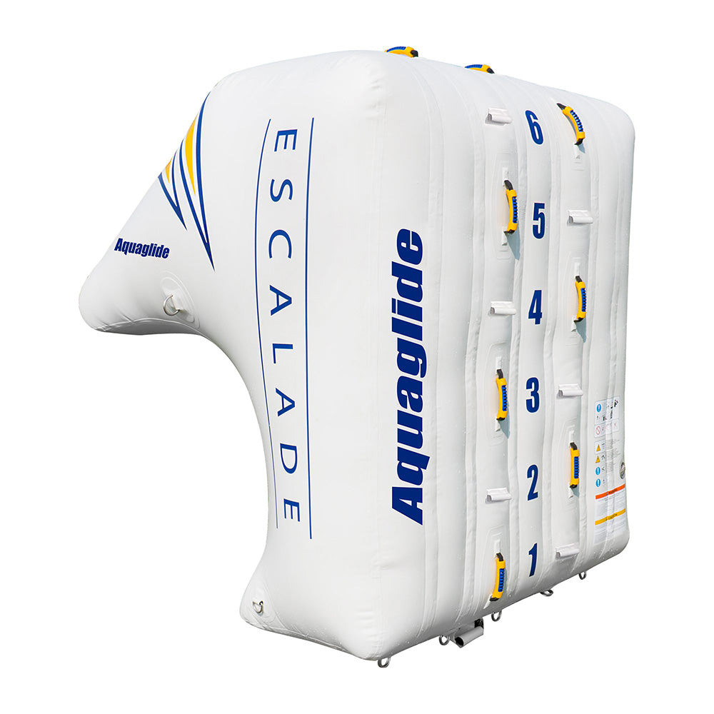 White inflatable climbing wall with Aquaglide and Escalade 2M logos on the sides.