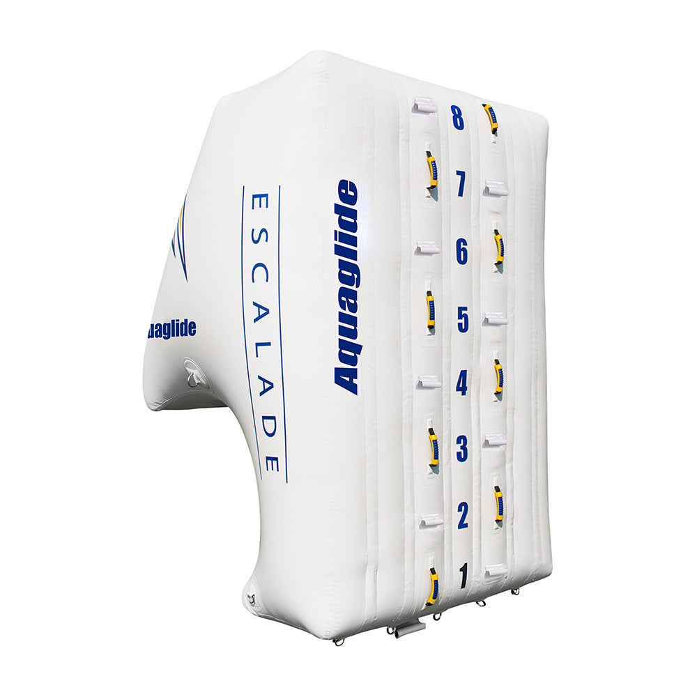 White inflatable climbing wall Escalade 3M with numbered handholds.
