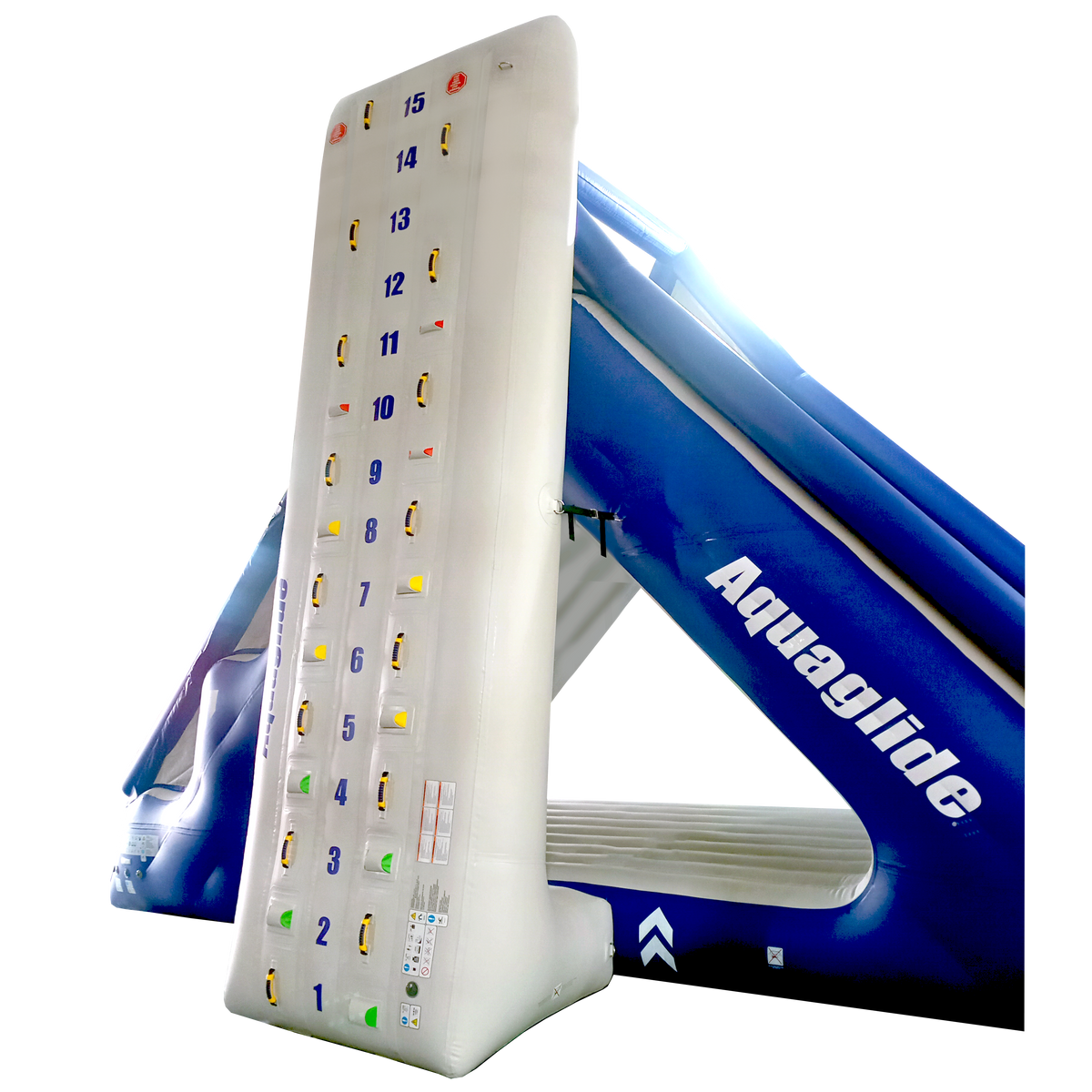 Escalade Summit inflatable climbing wall and slide with numbered grips.