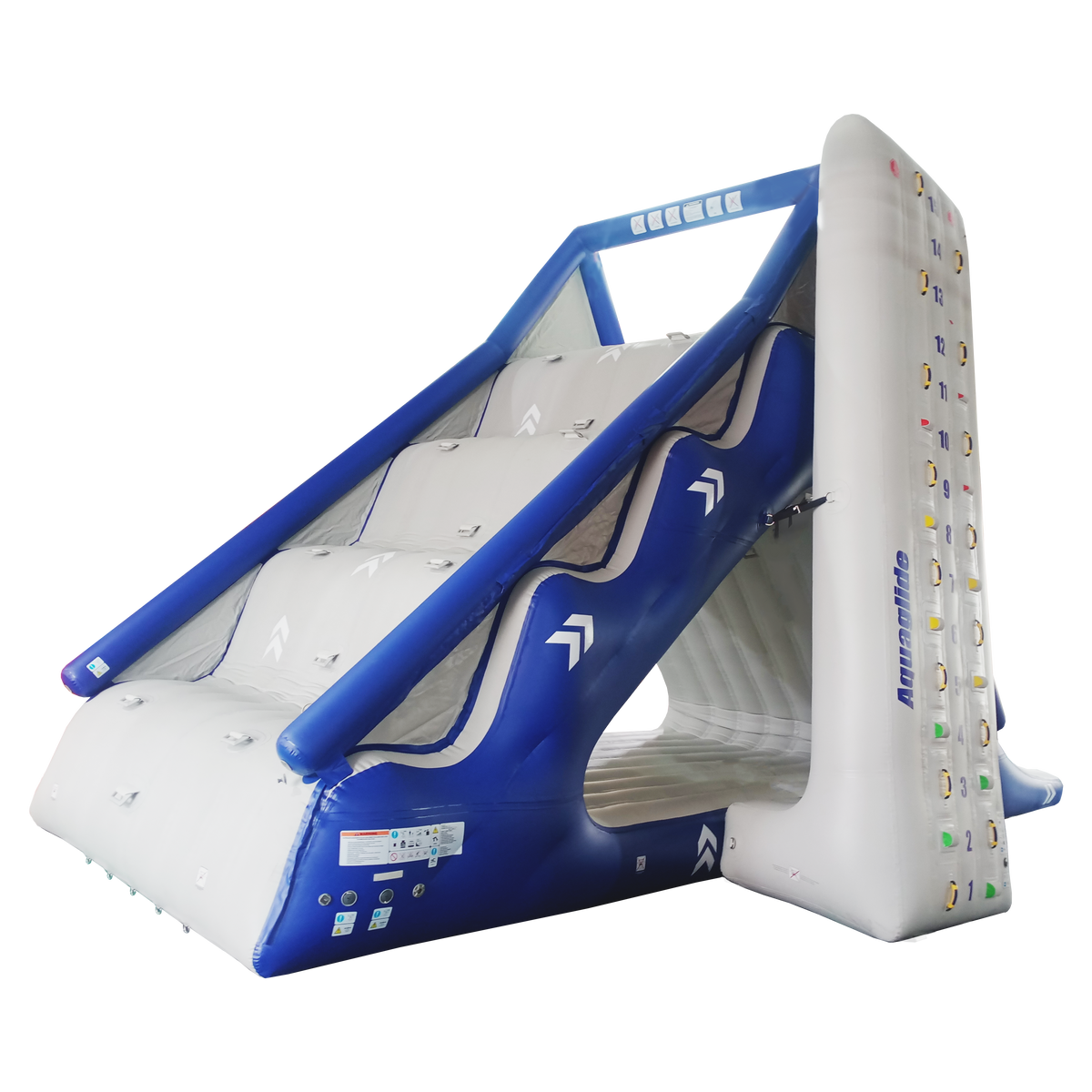 Escalade Summit: Inflatable climbing wall and slide in blue and white.