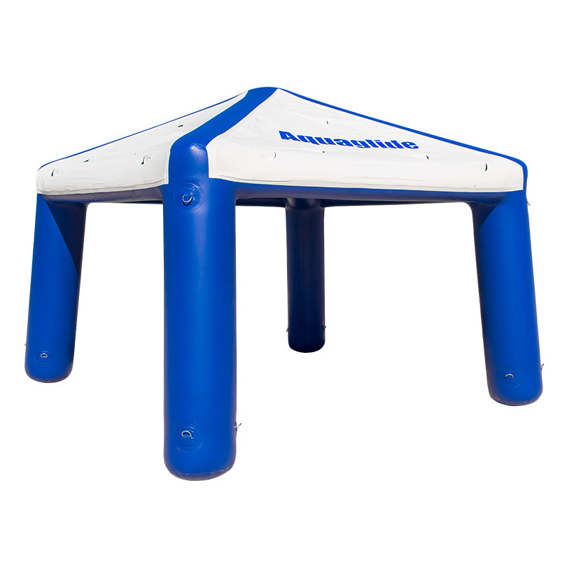 White & blue Event Tent, 4 legs, durable Duratex, logo on top.