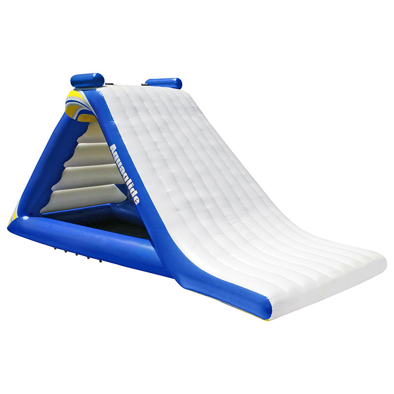 The Freefall Extreme is an inflatable blue and white slide for Aquaglide Aquapark fun.
