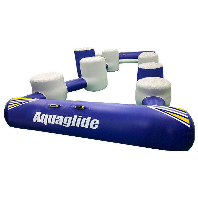 I-Hop 20: Inflatable water obstacle course with blue/white segments & non-slip surfaces.