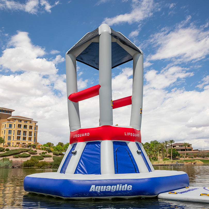 Universal Lifeguard Station floats under a partly cloudy sky.