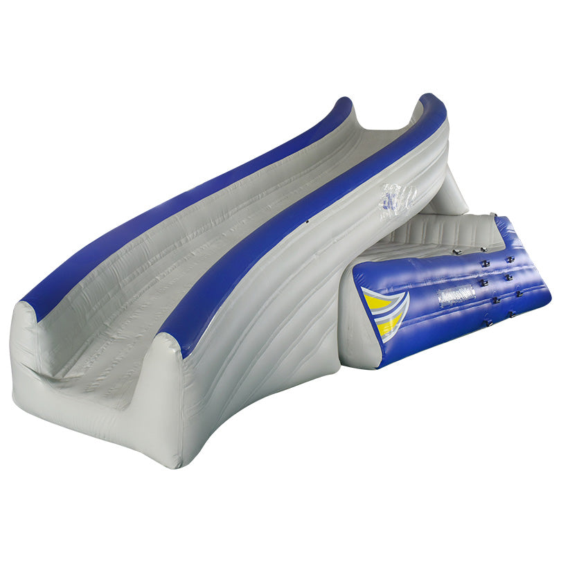 Gray & blue Loki luge slide with climbing wall on Aquaglide Circuit Aquapark.