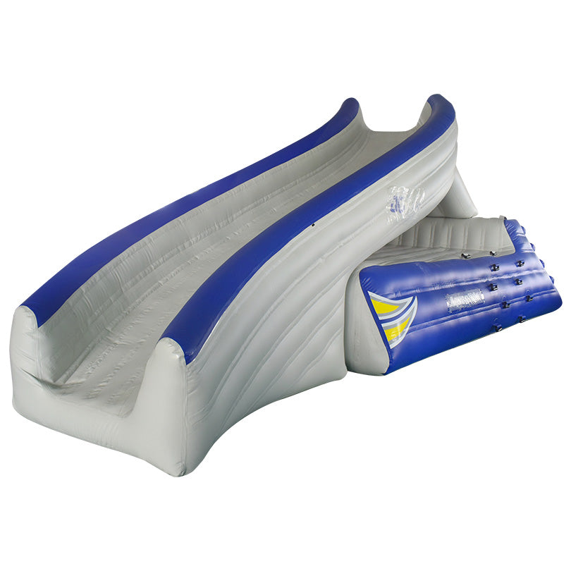 Loki Corner: Blue/White inflatable slide with ladder and dual entry for extra fun.