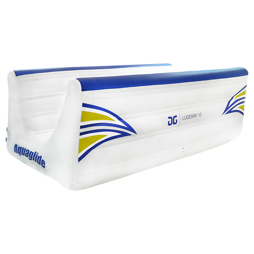 White inflatable slide with Lugeway 10, featuring blue and yellow accents.