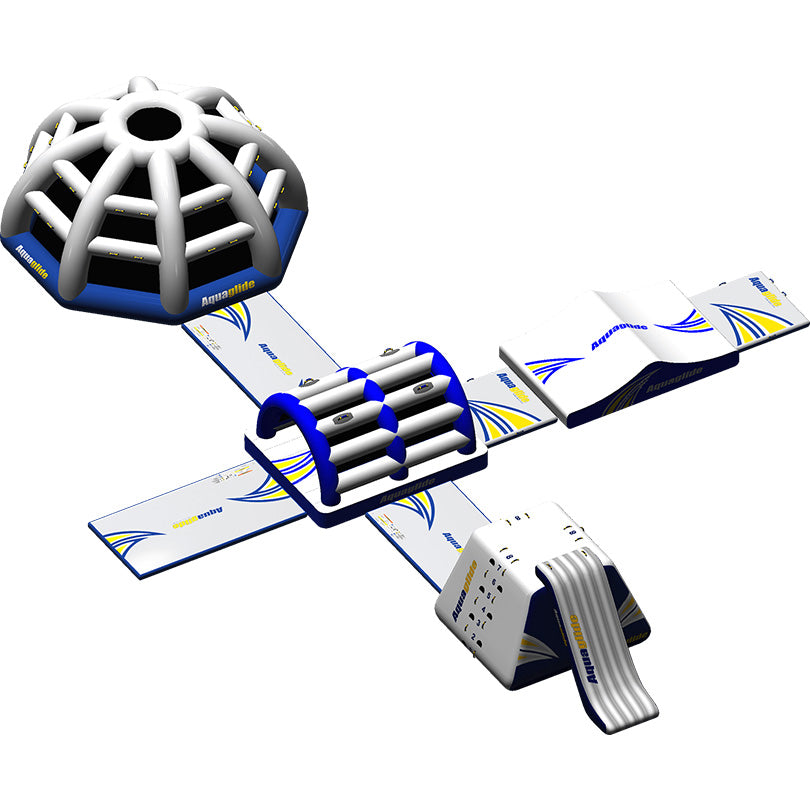 Micro M 20: Inflatable park with signature slides, tunnels, and climbing in white and blue.