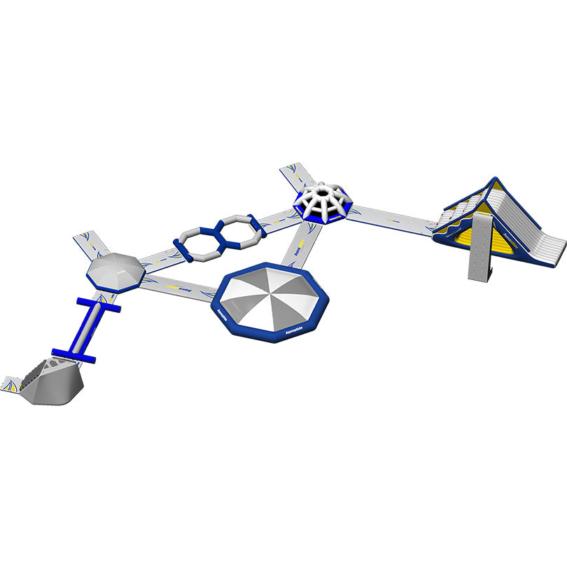 Aerial view of Micro XXL 60 aquapark with slides and climbing structures.