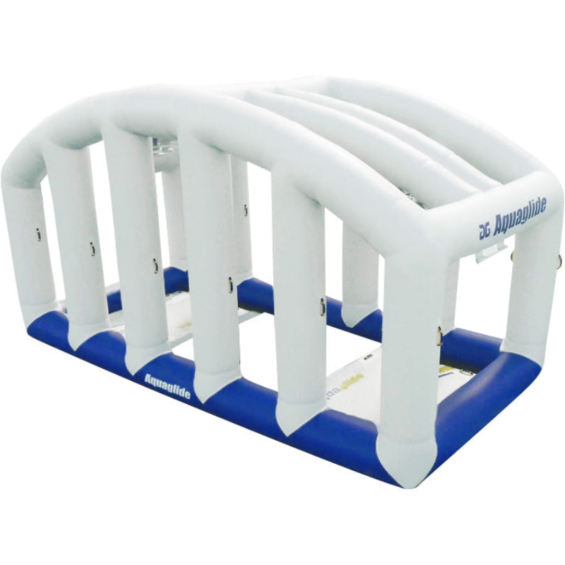 Monkey Dome: An inflatable white and blue tunnel with Aquapark water features.