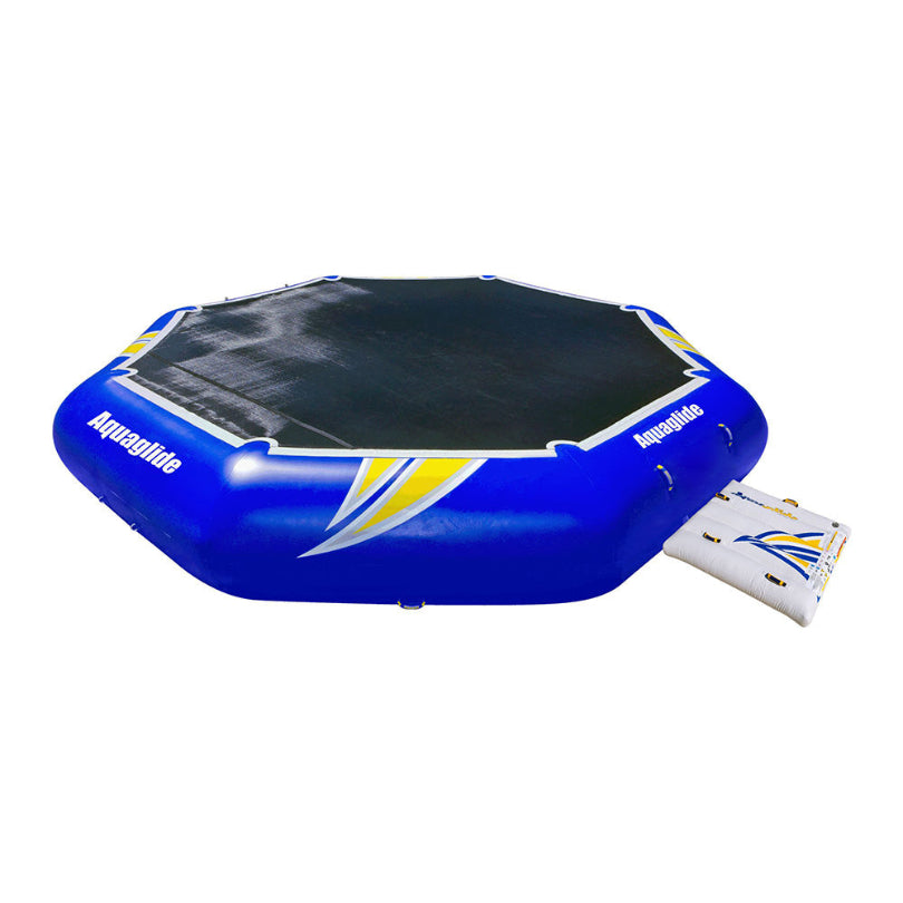 Rebound 20: blue/black water trampoline with Swimstep platform.