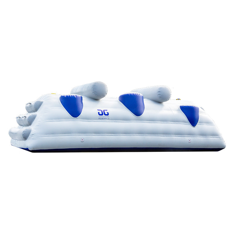 Ridgeway 20: Inflatable iceberg climbing wall with Interlock D-Ring & blue footholds.