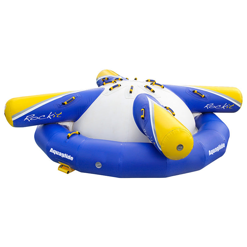 Rockit Jr inflatable water rocker, blue/yellow with Aquaglide labels.