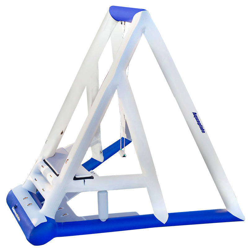 Skyrocket: Blue/White inflatable climbing structure with steps & rope for water play.