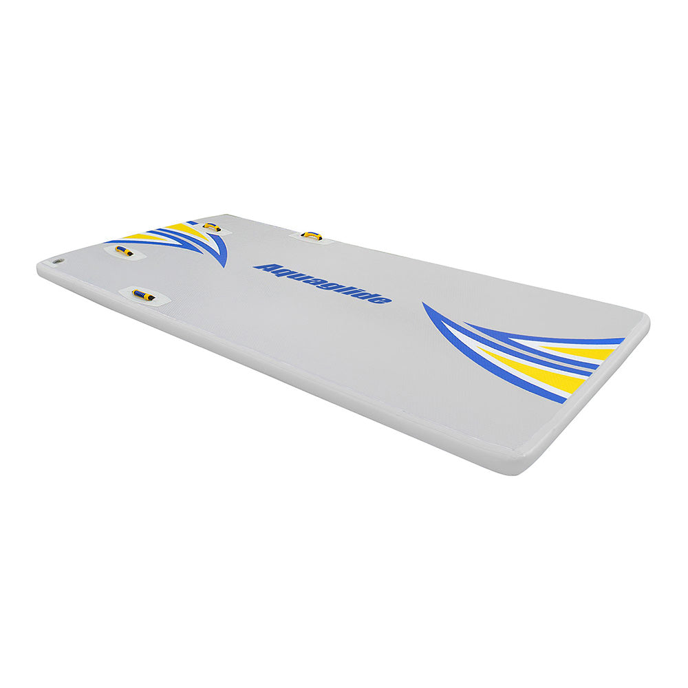 Inflatable gray mat with handles, Speedway 10 in blue and yellow stripes.