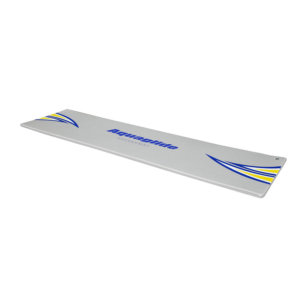 White Splashmat by Aquaglide with blue and yellow accents.