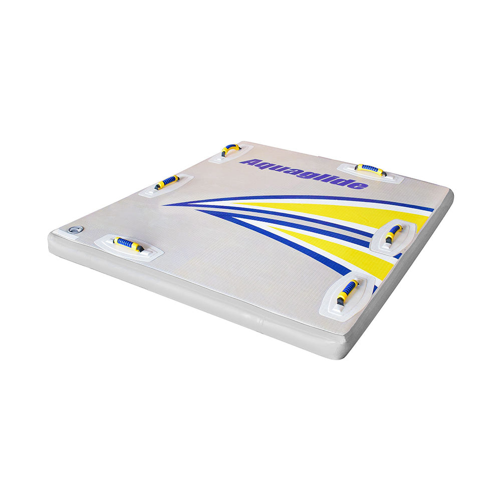 Swimstep 5x5: Inflatable mat with handles, ergonomic design, and Aquaglide logo.
