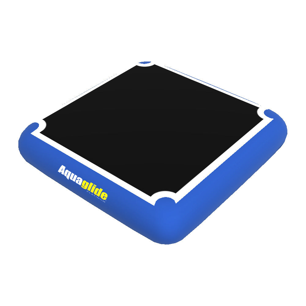 Square blue Tango inflatable float with Aquaglide branding, featuring a bounce platform.