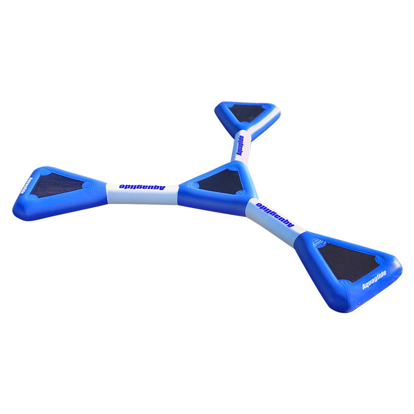 Triad Aquaglide inflatable with blue and white triangle platforms.