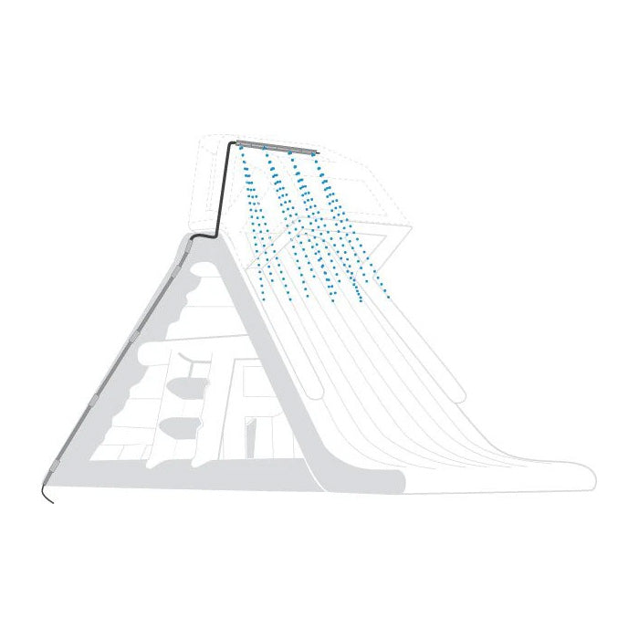 Illustration of a waterslide with tunnels and the Trickler Hose Kit Monsoon System at the top.