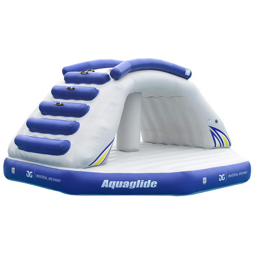 Climb the Universal Archway with cushion steps and a slide in the Aquaglide Aquapark Series.