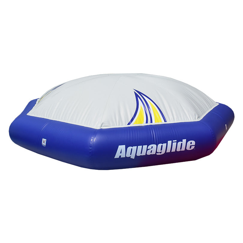 Universal Icecap trampoline with blue base, white top, and interlock connection system.