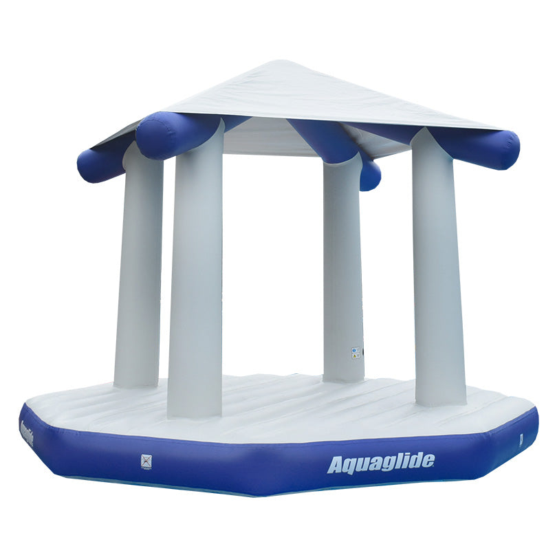 Universal Pavilion: Inflatable design with shaded roof and 6 white pillars.