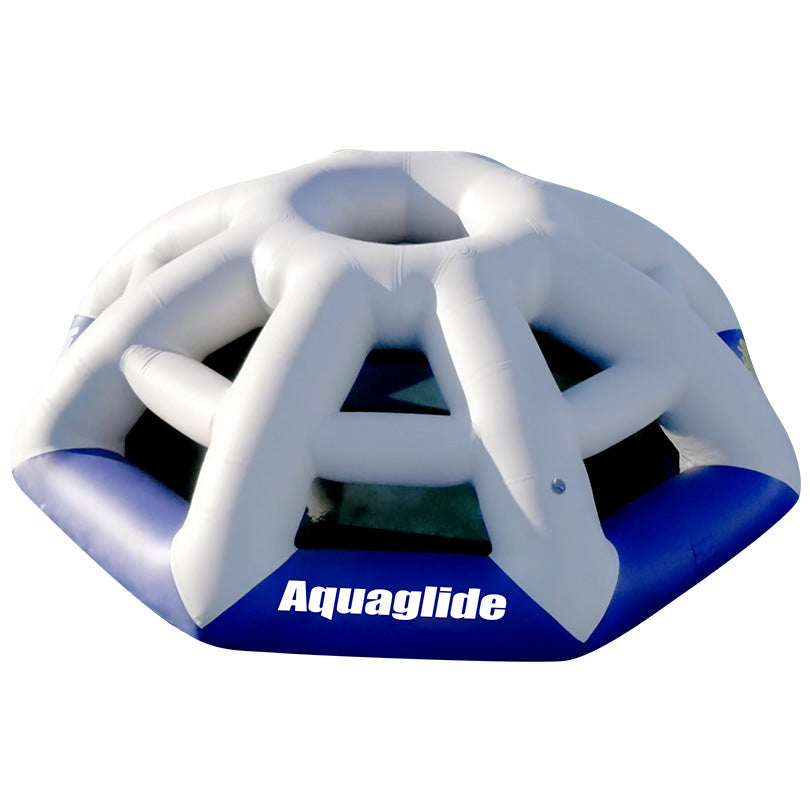 White and blue inflatable Universal Thunderdome for Aquapark configurations by Aquaglide.