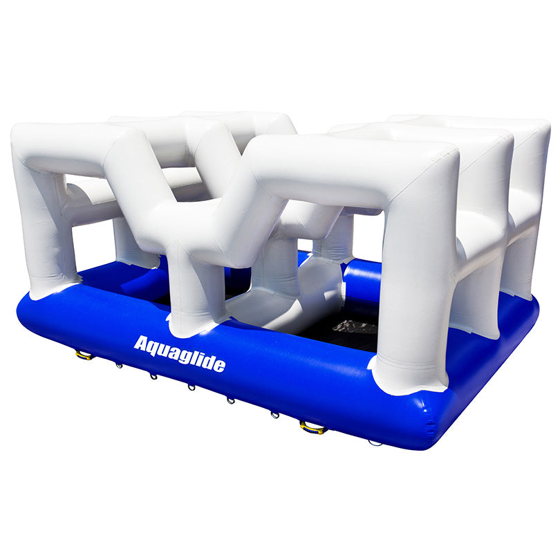 Vista 10 inflatable aquapark, white and blue, features multiple openings.