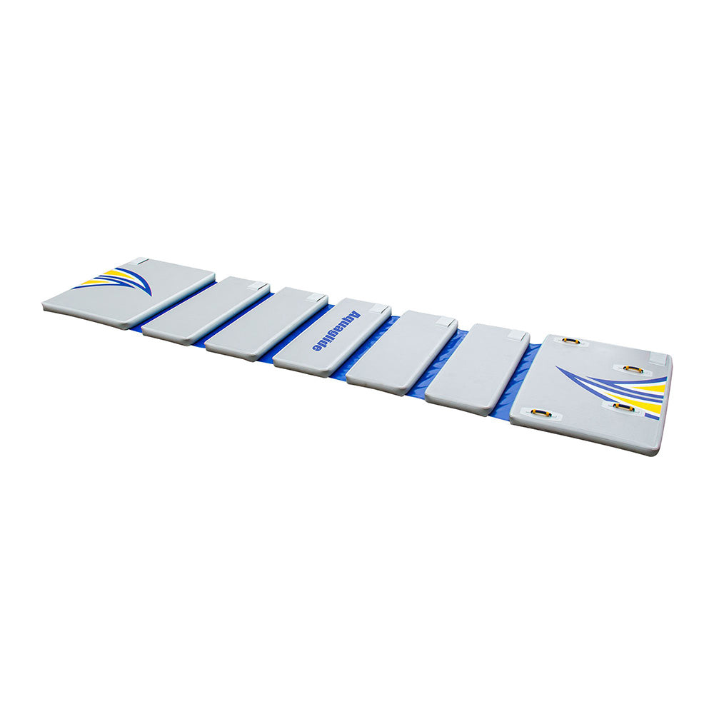Walk on Water foldable gym mat with yellow stripes, featuring double-layer drop-stitch.