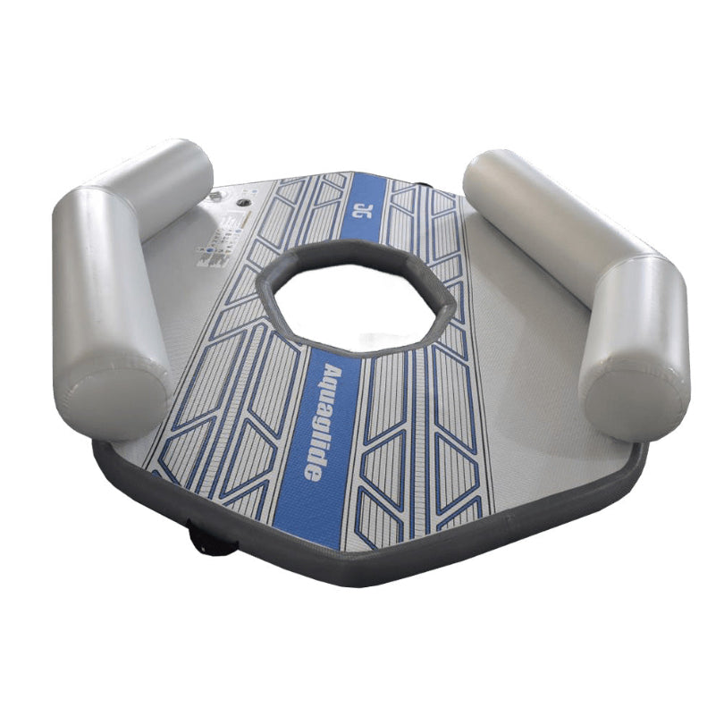 Ultralight Backside Lounge with blue stripes and cylindrical cushions.