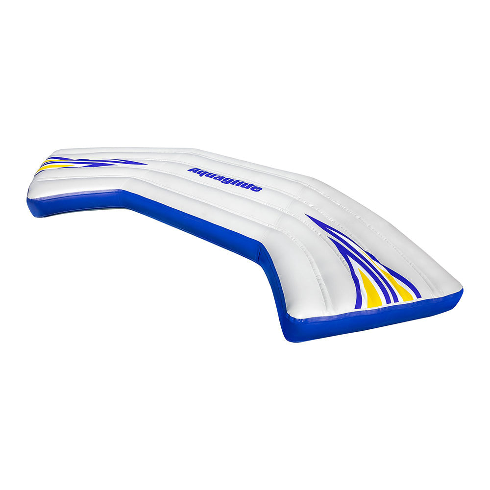 Inflatable water float, white/blue with yellow stripes, features Bendback Aquaglide Aquapark.