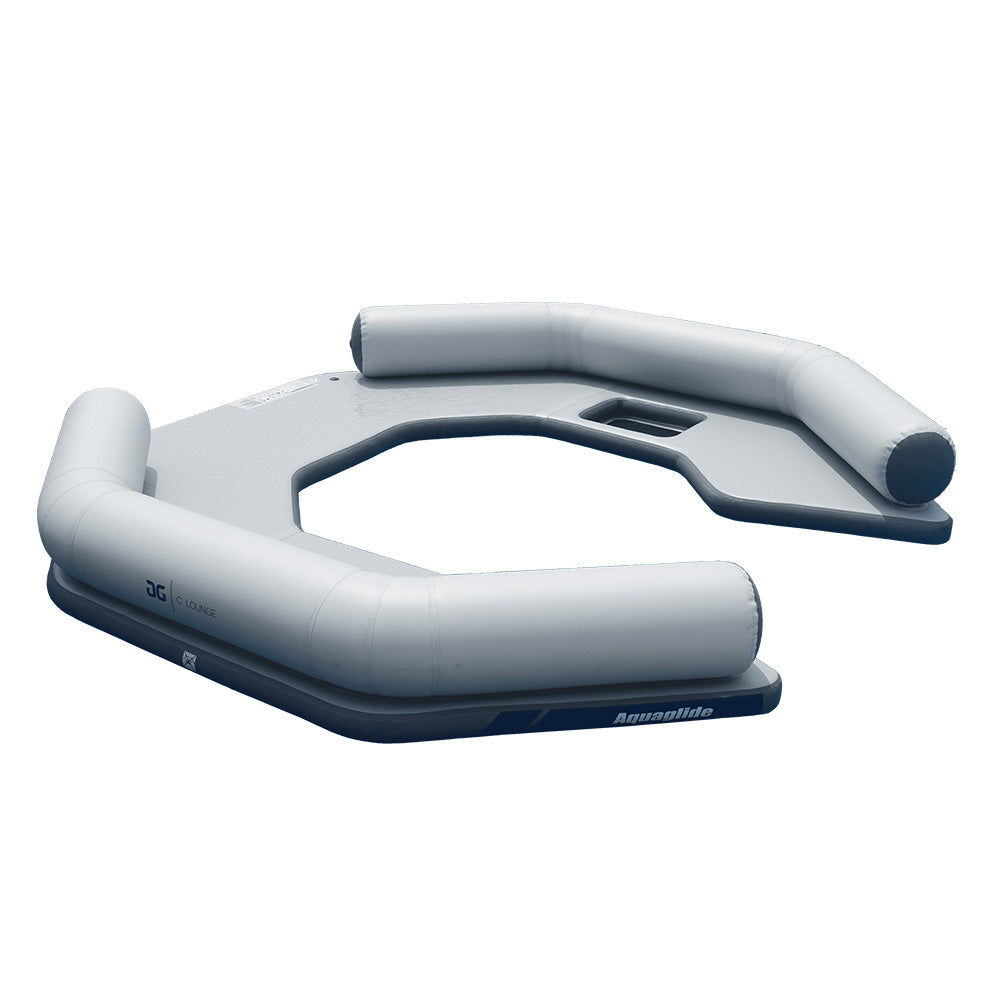 C Lounge: Hexagonal inflatable dock from Aquaglide, white sides on a dark base.