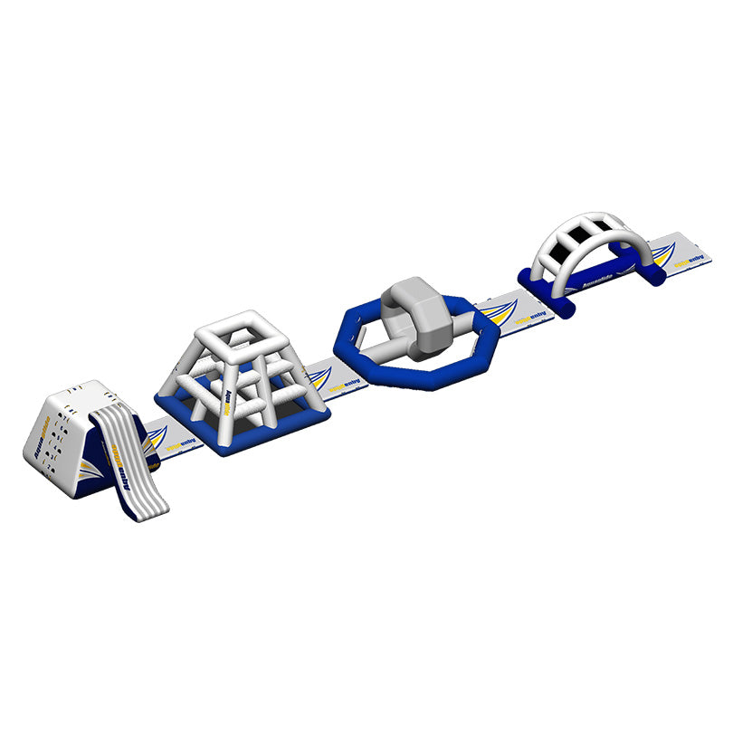 Challenge Track M: Exciting inflatable course with slide, climbing wall & tunnel in blue/white.